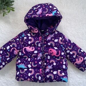 Children’s Place Purple Dinosaur Print Puffer Jacket 12-18M EUC